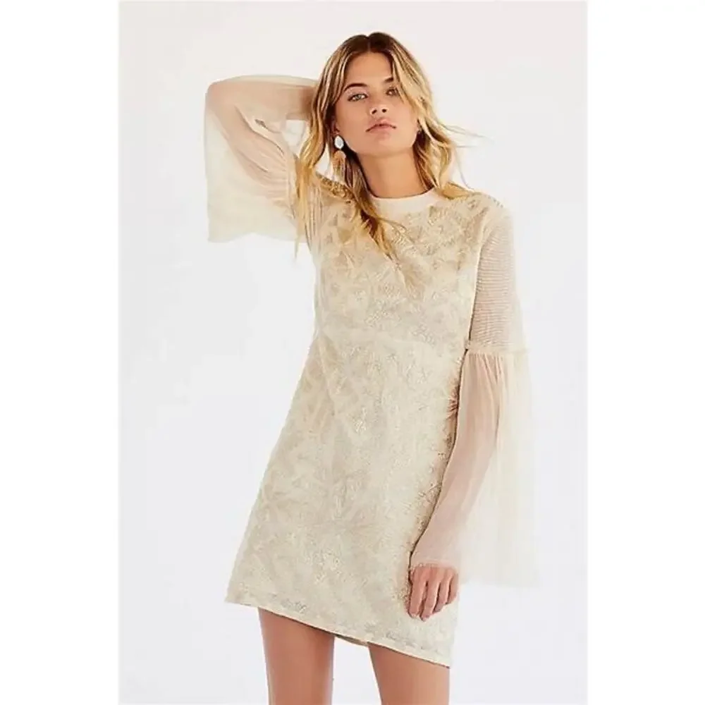Free People Cleo Cream Embroidered Flare Sleeve Mock Neck Mini Dress 6